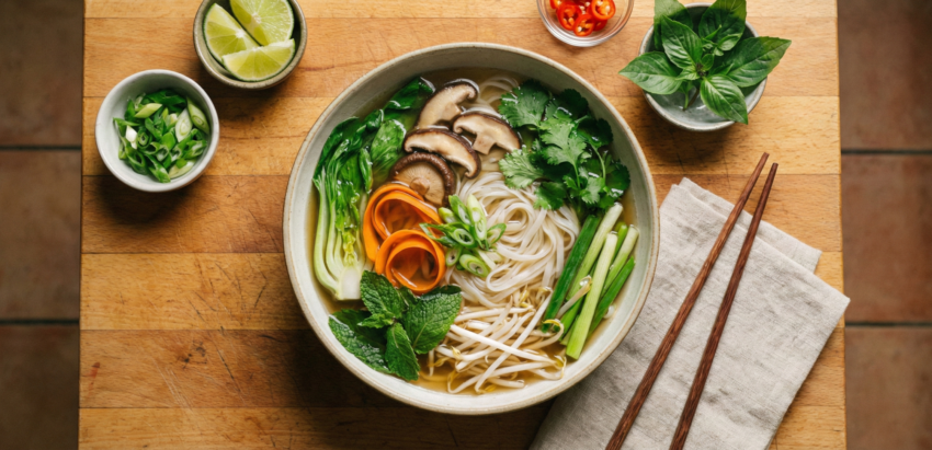 Light Vietnamese Pho Bowl With Warm Broth And Fresh Herbs hjkrv8hjkrv8hjkr